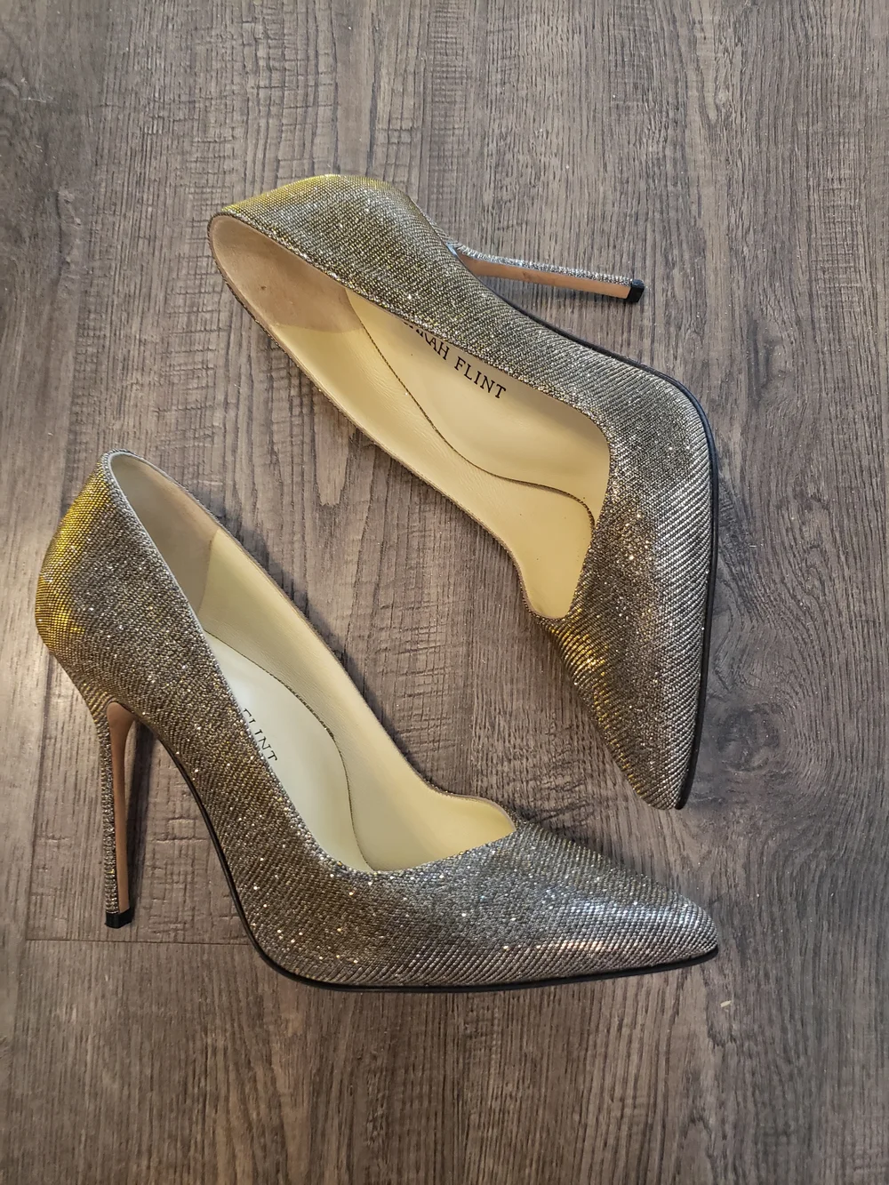 Sarah Flint Silver Glitter Pointed Toe Stilettos with Gold Edge